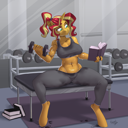 Size: 900x900 | Tagged: safe, artist:kevinsano, part of a set, character:sunset shimmer, species:anthro, species:pony, species:unguligrade anthro, species:unicorn, g4, my little pony:equestria girls, belly button, bench, book, bra, breasts, busty sunset shimmer, clothing, colored eyebrows, explicit source, eyelashes, horn, multitasking, ponytail, reading, sitting, solo, sports bra, spread legs, spreading, sweat, sweatdrop, sweatpants, underwear, weight lifting, weights