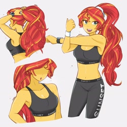 Size: 2894x2894 | Tagged: safe, artist:dragonemperror2810, character:sunset shimmer, species:human, g4, my little pony:equestria girls, alternate hairstyle, bare shoulders, belly button, breasts, clothing, female, gray background, gym uniform, humanized, open mouth, ponytail, reasonably sized breasts, simple background, sleeveless, smartwatch, species swap, sweat, sweatdrops, watch