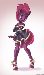 Size: 2317x3963 | Tagged: safe, artist:lummh, character:tempest shadow, species:anthro, species:pony, species:unguligrade anthro, species:unicorn, g4, beautiful, broken horn, clothing, dress, eyebrows, female, hipposandals, horn, mare, sandals, scar, shoes, short dress, simple background, solo, tail