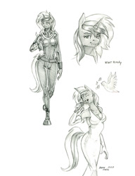 Size: 1050x1368 | Tagged: safe, artist:baron engel, oc, oc only, oc:velvet remedy, species:anthro, species:pony, species:unguligrade anthro, species:unicorn, fallout equestria, breasts, bust, busty velvet remedy, cleavage, clothing, crossover, dress, explicit source, eyebrows, eyelashes, fallout, female, grimdark source, horn, looking at you, mare, microphone, pipbuck, solo, tail, utility belt, vault suit
