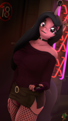 Size: 2160x3840 | Tagged: safe, artist:donglysfm, character:izzy moonbow, species:anthro, species:pony, species:unicorn, g4, g5, 3d, ball, big breasts, breasts, busty izzy moonbow, cellphone, clothing, collar, ear piercing, earring, fishnets, goth, goth izzy, gradient mane, high res, izzy's tennis ball, jewelry, lipstick, makeup, multicolored hair, neon, panties, phone, piercing, revamped anthros, skirt, solo, source filmmaker, stockings, sweater, tennis ball, thigh highs, toy, underwear