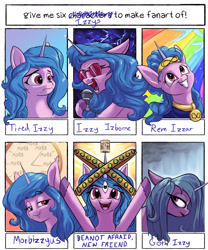 Size: 2000x2400 | Tagged: safe, artist:rocket-lawnchair, character:izzy moonbow, species:pony, species:unicorn, g5, angel, be not afraid, biblically accurate angels, clock, fangs, female, goth, goth izzy, gradient hair, headband, hi new friend, hoof hold, horn, horn impalement, it's morbin time, izzy moodbow, izzy's beans, jewelry, looking at you, mare, microphone, morbius, multicolored hair, necklace, open mouth, open smile, ophanim, ozzy osbourne, rain, rem lezar, sharp teeth, six fanarts, smiling, smiling at you, sunglasses, tin can