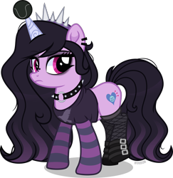 Size: 7000x7195 | Tagged: safe, artist:n0kkun, character:izzy moonbow, species:pony, species:unicorn, g4, g5, alternate hairstyle, ball, boots, choker, clothing, ear piercing, earring, eyeshadow, female, fishnets, g5 to g4, generation leap, goth, goth izzy, gradient hair, hairband, horn, hornball, izzy's tennis ball, jewelry, makeup, mare, multicolored hair, necklace, nose piercing, piercing, raised leg, shirt, shoes, simple background, socks, solo, stockings, striped socks, t-shirt, tennis ball, thigh highs, toy, transparent background