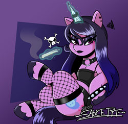 Size: 3952x3846 | Tagged: safe, artist:saucepit, character:izzy moonbow, species:pony, species:unicorn, g5, bracelet, candy, clothing, collar, ear piercing, female, fishnets, food, glowing horn, goth, goth izzy, gradient hair, high res, horn, horn jewelry, horn ring, jewelry, lipstick, magic, makeup, mare, midriff, multicolored hair, piercing, ring, sideways cutie mark, skull and crossbones, solo, spiked wristband, stockings, tank top, telekinesis, thigh highs, wristband