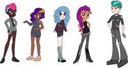 Size: 1219x653 | Tagged: safe, artist:icicle-wicicle-1517, artist:yeetmedownthestairs, edit, character:hitch trailblazer, character:izzy moonbow, character:pipp petals, character:sunny starscout, character:zipp storm, species:earth pony, species:eqg human, species:human, species:pegasus, species:unicorn, g4, g5, my little pony:equestria girls, blaze (coat marking), boots, bra, bra strap, bracelet, choker, chubby, clothing, collaboration, color edit, colored, converse, dark skin, denim, dress, ear piercing, earring, equestria girls-ified, eyebrow piercing, female, fingerless gloves, fishnet clothing, g5 to equestria girls, generation leap, gloves, goth, goth izzy, gradient hair, grin, high heel boots, high heels, human coloration, jeans, jewelry, lip piercing, male, mane g5, multicolored hair, necklace, nose piercing, nose ring, open mouth, pants, piercing, pipp wings, shirt, shoes, shorts, simple background, smiling, snake bites, sneakers, socks, species swap, spiked choker, stockings, sweater, t-shirt, tank top, thigh highs, torn clothes, transparent background, underwear, wristband