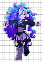 Size: 1034x1500 | Tagged: safe, artist:stevetwisp, character:izzy moonbow, species:pony, species:unicorn, g5, bracelet, clothing, cute, daisy dukes, denim shorts, garter straps, goth, goth izzy, gradient mane, hoodie, izzybetes, jewelry, makeup, multicolored hair, open mouth, piercing, punk, ripped stockings, semi-anthro, shirt, shorts, smiling, socks, solo, spiked wristband, stockings, thigh highs, torn clothes, wristband