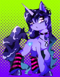 Size: 1465x1880 | Tagged: safe, artist:stacy_165cut, character:izzy moonbow, species:pony, species:unicorn, g5, backwards cutie mark, choker, clothing, cutie mark, ear piercing, earring, eyeshadow, female, goth, goth izzy, gradient hair, horn, jewelry, makeup, mare, multicolored hair, necklace, piercing, socks, solo