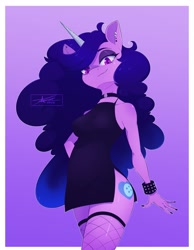 Size: 1593x2048 | Tagged: safe, artist:mindlessnik, artist:mindlesssketching, character:izzy moonbow, species:anthro, species:pony, species:unicorn, g5, black nail polish, bracelet, choker, clothing, dress, ear piercing, earring, eyebrows, eyebrows visible through hair, eyeshadow, female, fishnets, goth, goth izzy, gradient background, gradient mane, jewelry, lip piercing, looking at you, looking down, makeup, multicolored hair, nail polish, necklace, piercing, signature, solo, stockings, thigh highs