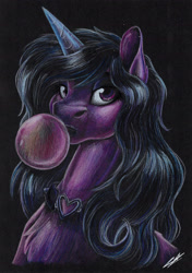 Size: 1920x2733 | Tagged: safe, artist:lupiarts, character:izzy moonbow, species:pony, species:unicorn, g5, artwork, black background, bubble, bubblegum, candy, colored, colored pencil drawing, colored sketch, drawing, fanart, female, food, goth, goth izzy, gothic, gradient hair, gum, jewelry, multicolored hair, necklace, signature, simple background, sketch, solo, traditional art
