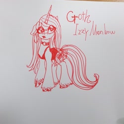 Size: 2048x2048 | Tagged: safe, artist:alicedrawing13, character:izzy moonbow, species:pony, species:unicorn, g5, choker, clothing, eyeshadow, female, goth, goth izzy, gradient hair, horn, jewelry, makeup, mare, monochrome, multicolored hair, necklace, photo, simple background, solo, white background