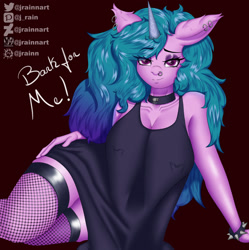 Size: 3190x3200 | Tagged: safe, artist:jrainnart, character:izzy moonbow, species:anthro, species:pony, species:unicorn, g5, big breasts, bracelet, breasts, busty izzy moonbow, choker, clothing, dress, ear piercing, earring, erect nipples, eyebrows, eyebrows visible through hair, eyeshadow, female, fishnets, goth, goth izzy, gradient hair, jewelry, looking at you, makeup, multicolored hair, multiple variants, necklace, nipple outline, nipple piercing outline, nipples, nose piercing, piercing, socks, solo, spiked wristband, stockings, thigh highs, wristband