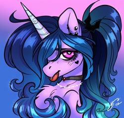 Size: 4096x3904 | Tagged: safe, artist:opalacorn, character:izzy moonbow, species:pony, species:unicorn, g5, bust, chest fluff, choker, ear piercing, goth, goth izzy, gradient mane, jewelry, multicolored hair, necklace, piercing, solo, tongue out, tongue piercing