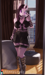 Size: 1160x1920 | Tagged: safe, artist:rinny, character:izzy moonbow, species:anthro, species:pony, species:unicorn, g5, 3d, black hair, black lipstick, black nail polish, boots, breasts, buckle, busty izzy moonbow, cellphone, choker, clothing, eyeshadow, female, fingerless gloves, fishnets, gloves, goth, goth izzy, gradient mane, high heel boots, high heels, jewelry, knee-high boots, lipstick, makeup, miniskirt, multicolored hair, necklace, phone, shoes, skirt, socks, solo, stockings, thigh highs