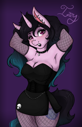 Size: 1320x2040 | Tagged: safe, artist:mscolorsplash, character:izzy moonbow, species:anthro, species:pony, species:unicorn, g5, arm behind head, armpits, bare shoulders, black lipstick, breasts, busty izzy moonbow, choker, cleavage, clothing, dress, ear piercing, earring, eyebrow piercing, eyeshadow, female, fishnet gloves, fishnets, goth, goth izzy, gradient mane, jewelry, lip piercing, lipstick, makeup, mare, minidress, multicolored hair, necklace, nose piercing, nose ring, piercing, sexy, solo, spiked choker, stockings, strapless, stupid sexy izzy moonbow, thigh highs, thighs, wide hips