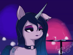Size: 1280x960 | Tagged: safe, artist:hauntedtuba, character:izzy moonbow, species:pony, species:unicorn, g5, alternate cutie mark, animated, ashtray, blowing, choker, cigarette, cutie mark, drink, dyed mane, ear piercing, earring, eye shimmer, eyeshadow, female, goth, goth izzy, gradient mane, hair blowing, jewelry, lipstick, loop, makeup, multicolored hair, necklace, no sound, one ear down, perfect loop, piercing, solo, webm