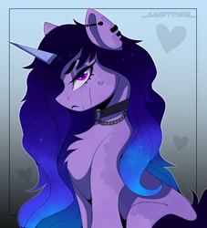 Size: 1684x1851 | Tagged: safe, artist:_candypone_, artist:jenni235, character:izzy moonbow, species:pony, species:unicorn, g5, chest fluff, choker, ear piercing, eyebrow slit, eyebrows, female, goth, goth izzy, gradient mane, industrial piercing, jewelry, lidded eyes, looking at you, mare, multicolored hair, necklace, piercing, simple background, sitting, solo