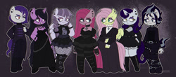 Size: 1280x563 | Tagged: safe, artist:cosmiccrayons, artist:cosmiiccrayons, character:fluttershy, character:funnel web, character:inky rose, character:izzy moonbow, character:moonlight raven, character:pinkamena diane pie, character:pinkie pie, character:snow hope, species:anthro, species:earth pony, species:pegasus, species:pony, species:unicorn, g4, g5, boots, choker, clothing, ear piercing, earring, eyebrow piercing, eyeshadow, female, fishnets, fluttergoth, gem, goth, goth izzy, gradient mane, hand, hand on hip, hips, horn, jewelry, lidded eyes, looking at each other, looking at someone, makeup, male, mare, multicolored hair, necklace, one eye closed, piercing, shoes, skirt, spiked choker, stallion, stockings, straight hair, thigh highs, tongue piercing, wings, wink