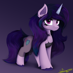 Size: 4000x4000 | Tagged: safe, artist:ser-p, character:izzy moonbow, species:pony, species:unicorn, g5, absurd resolution, clothing, dress, female, goth, goth izzy, gradient background, gradient mane, looking at you, mare, multicolored hair, shadow, signature, solo