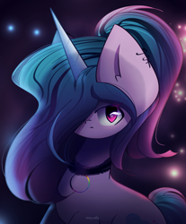 Size: 1900x2300 | Tagged: safe, artist:miryelis, character:izzy moonbow, species:pony, species:unicorn, g5, accessories, big ears, choker, ear piercing, goth, goth izzy, gothic, gradient hair, horn, impossibly large ears, jewelry, long hair, looking at you, multicolored hair, necklace, piercing, ponytail, signature, simple background, solo