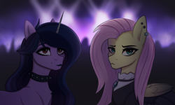 Size: 2997x1800 | Tagged: safe, artist:tanatos, derpibooru original, character:fluttershy, character:izzy moonbow, species:pegasus, species:pony, species:unicorn, g4, g5, choker, concert, duo, duo female, featured image, female, fluttergoth, goth, goth izzy, gradient mane, jewelry, makeup, mare, multicolored hair, necklace, spiked choker