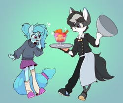 Size: 2620x2215 | Tagged: safe, alternate version, artist:rexyseven, non-mlp oc, oc, oc only, oc:whispy slippers, species:anthro, species:earth pony, species:pony, blushing, bow tie, clothing, duo, food, furry oc, glass, glasses, gradient background, green background, happy, ice cream, ice cream sundae, pants, platter, shirt, shoes, simple background, skirt, slippers, smiling, socks, sweater, tail, waiter