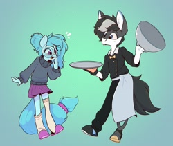 Size: 2620x2215 | Tagged: safe, alternate version, artist:rexyseven, non-mlp oc, oc, oc only, oc:whispy slippers, species:anthro, species:earth pony, species:pony, base, blushing, bow tie, clothing, duo, furry oc, glass, glasses, gradient background, green background, happy, pants, platter, shirt, shoes, simple background, skirt, slippers, smiling, socks, sweater, tail, waiter