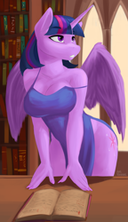 Size: 2561x4447 | Tagged: safe, artist:kelkessel, character:twilight sparkle, character:twilight sparkle (alicorn), species:alicorn, species:anthro, g4, big breasts, book, bookshelf, breasts, busty twilight sparkle, cleavage, clothing, colored eyebrows, dress, explicit source, eyebrows, eyebrows visible through hair, female, horn, library, looking back, looking up, mare, side slit, solo, spread wings, three quarter view, wings