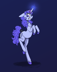 Size: 1176x1485 | Tagged: safe, artist:paskanaakka, oc, oc only, oc:midnight dew, species:pony, species:unicorn, angry, colored hooves, cutie mark, female, floppy ears, glowing horn, gritted teeth, hooves, horn, looking down, magic, mare, simple background, solo, standing on one leg, tail, tail wrap, unshorn fetlocks
