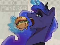 Size: 4096x3043 | Tagged: safe, artist:cadillacdynamite, character:princess luna, species:alicorn, species:pony, g4, burger, cheese, colored, colored sketch, eating, ethereal mane, female, food, galaxy mane, glowing horn, hay, hay burger, horn, lettuce, levitation, lidded eyes, looking sideways, magic, mare, no pupils, open mouth, sketch, solo, suggestive source, telekinesis, tomato