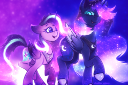 Size: 3000x2000 | Tagged: safe, artist:shad0w-galaxy, character:princess luna, character:starlight glimmer, species:alicorn, species:pony, ship:starluna, g4, alicornified, alternate design, cutie mark, duo, duo female, ethereal mane, explicit source, eyebrows, eyelashes, eyestrain warning, female, females only, folded wings, galaxy mane, horn, jewelry, lesbian, looking sideways, mare, necklace, open mouth, peytral, race swap, regalia, shiny, shipping, simple background, starlicorn, starry eyes, stars, tail, walking, wingding eyes, wings