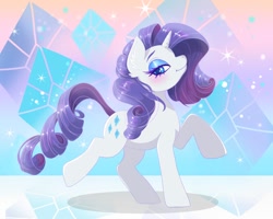 Size: 2000x1600 | Tagged: safe, artist:phoenixfox96, character:rarity, species:pony, species:unicorn, g4, abstract background, beautiful, colored eyebrows, cute, cutie mark, cutie mark background, eyebrows, female, looking at you, mare, profile, raised hoof, raised leg, raribetes, smiling, solo, standing on two hooves