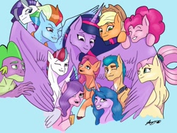 Size: 1890x1417 | Tagged: safe, artist:cardinalauro, character:applejack, character:fluttershy, character:hitch trailblazer, character:izzy moonbow, character:pinkie pie, character:pipp petals, character:rainbow dash, character:rarity, character:spike, character:sunny starscout, character:twilight sparkle, character:twilight sparkle (alicorn), character:zipp storm, species:alicorn, species:earth pony, species:pegasus, species:pony, species:unicorn, episode:the last problem, g4, g5, my little pony: a new generation, my little pony: friendship is magic, blaze (coat marking), blue background, female, gigachad spike, gradient hair, male, mane g5, mane seven, mane six, mare, multicolored hair, older, older applejack, older fluttershy, older mane seven, older mane six, older pinkie pie, older rainbow dash, older rarity, older spike, older twilight, passing the torch, pipp wings, princess twilight 2.0, profile, signature, simple background, stallion, sunny and her heroine, three quarter view