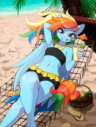 Size: 3016x4000 | Tagged: safe, artist:alcor, character:rainbow dash, species:anthro, species:pegasus, species:plantigrade anthro, g4, abs, basket, beach, belly button, bikini, breasts, clothing, crossed legs, cup, drink, explicit source, eyebrows, female, flip-flops, footprint, fruit, grin, hammock, looking at you, lying down, mare, midriff, on back, outdoors, palm tree, sandals, sexy, shoes, small breasts, smiling, smiling at you, solo, stupid sexy rainbow dash, swimsuit, tree