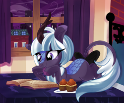 Size: 2596x2169 | Tagged: safe, artist:spookyle, oc, oc only, oc:moonlit breeze, species:kirin, g4, bed, bedroom, book, bow, cityscape, cloven hooves, colored hooves, cupcake, cute, female, food, freckles, hooves, indoors, kirin oc, lying down, night, night sky, non-pony oc, ocbetes, prone, signature, sky, solo, tail bow, three quarter view