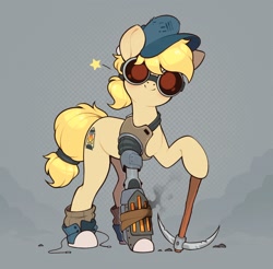Size: 1092x1073 | Tagged: safe, artist:rexyseven, oc, oc:drillie stones, species:earth pony, species:pony, augmented, clothing, cute, female, goggles, gray background, hat, hoof shoes, looking at you, mare, ocbetes, pickaxe, prosthetic leg, prosthetic limb, prosthetics, shoes, simple background, smiling, socks, solo