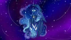 Size: 1200x675 | Tagged: safe, alternate version, artist:namiiarts, edit, character:princess luna, species:alicorn, species:pony, g4, constellation, ethereal mane, female, galaxy mane, glowing, glowing eyes, high res, horn, solo, spread wings, wallpaper, wallpaper edit, wings