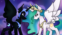 Size: 1280x720 | Tagged: safe, artist:namiiarts, character:nightmare moon, character:princess celestia, character:princess luna, species:alicorn, species:pony, g4, constellation, duo, frown, grin, looking at each other, looking at someone, narrowed eyes, smiling, spread wings, wings