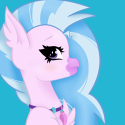 Size: 1024x1024 | Tagged: safe, artist:namiiarts, character:silverstream, species:classical hippogriff, species:hippogriff, g4, my little pony: friendship is magic, blue background, blushing, bust, cute, diastreamies, eyebrows, jewelry, looking at you, necklace, simple background, smiling