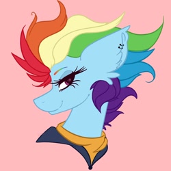 Size: 1200x1200 | Tagged: safe, artist:namiiarts, character:rainbow dash, species:pegasus, species:pony, g4, bust, clothing, ear piercing, earring, female, jacket, jewelry, older, older rainbow dash, piercing, pink background, shirt, simple background, solo