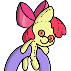 Size: 1510x1512 | Tagged: safe, artist:melodysketch, part of a set, character:apple bloom, oc, species:pony, image set: manechat everfree 2022, g4, apple family member, bow tie, button eyes, clothing, holding, holding a plushie, holding a pony, offscreen character, plushie, shading, solo, toy, transparent background