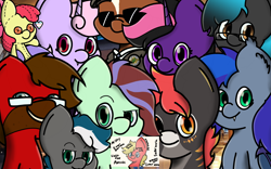 Size: 2800x1752 | Tagged: safe, artist:melodysketch, part of a set, character:apple bloom, oc, oc:dr. romulus, oc:ember heartshine, oc:ethanrocco, oc:hollow lantern, oc:lunar aurora, oc:melody sketch, oc:misty shadows, oc:mysterious star, oc:thunder breeze, species:alicorn, species:bat pony, species:earth pony, species:pegasus, species:pony, species:unicorn, image set: manechat everfree 2022, g4, :3, alicorn wings, apple family member, bat pony oc, bow tie, button, button eyes, clothing, coat markings, cocked eyebrow, collage, ear piercing, earring, female, flat cap, glasses, holding, holding a plushie, holding a pony, jewelry, looking up, necktie, offscreen character, photo background, piercing, plushie, pride, pride flag, scrunchy face, shading, smiling, smug, snake pony, suit, sunglasses, toy, vest, wall of tags