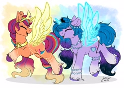 Size: 2048x1448 | Tagged: safe, artist:julunis14, character:izzy moonbow, character:sunny starscout, species:alicorn, species:earth pony, species:pony, species:unicorn, g5, alicornified, crown, cute, cutie mark, duo, duo female, ethereal wings, eyes closed, female, females only, friendship bracelet, gradient hair, horn, izzybetes, jewelry, mare, multicolored hair, open mouth, race swap, regalia, smiling, sunnybetes, unshorn fetlocks