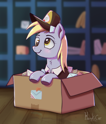 Size: 1800x2100 | Tagged: safe, artist:harukiicat, character:derpy hooves, species:pegasus, species:pony, g4, box, clothing, cute, derpabetes, eyebrows, eyelashes, female, hat, letter, mailmare, mare, post office, smiling, solo