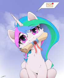 Size: 3000x3600 | Tagged: safe, artist:skitsroom, character:princess celestia, species:alicorn, species:pony, g4, cheek fluff, chest fluff, cute, cutelestia, daaaaaaaaaaaw, dialogue, envelope, eye clipping through hair, eyebrows, eyebrows visible through hair, female, front view, full face view, head tilt, holding, looking at you, mare, mouth hold, scroll, signature, sitting, solo, speech bubble, text