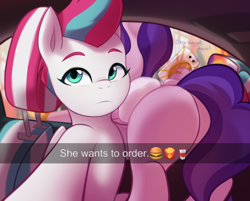 Size: 1600x1289 | Tagged: safe, artist:maren, character:pipp petals, character:zipp storm, species:pegasus, species:pony, g5, butt, car interior, cellphone, colored eyebrows, colored hooves, dialogue, eyebrows, female, he wants to order, hooves, mare, meme, phone, pipp butt, pipp wings, plot, royal sisters (g5), selfie, siblings, sisters, smartphone, text, unshorn fetlocks