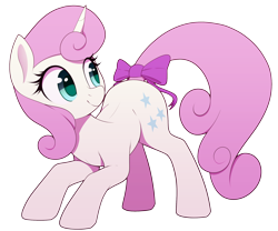Size: 2400x2000 | Tagged: safe, artist:thebatfang, character:twinkleshine, species:pony, species:unicorn, g4, adorableshine, bow, cute, cutie mark, eyelashes, face down ass up, female, horn, looking back, mare, simple background, smiling, solo, tail, tail bow, transparent background