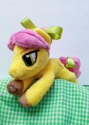 Size: 858x1200 | Tagged: safe, artist:basil_leafeon, character:posey, character:posey bloom, g1, g5, bow, cute, floppy plush, g1betes, hair bow, laying down, photo, plush, poseybetes