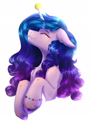 Size: 1700x2267 | Tagged: safe, artist:mantequiademani, character:izzy moonbow, species:pony, species:unicorn, g5, ball, bracelet, bust, chest fluff, childproof horn, colored eyebrows, colored hooves, cute, eyebrows, eyes closed, female, floppy ears, gradient hair, hooves, horn, horn guard, horn impalement, hornball, izzy's tennis ball, izzybetes, jewelry, mare, multicolored hair, profile, raised hoof, simple background, smiling, solo, tennis ball, toy, unshorn fetlocks, white background
