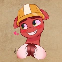 Size: 2940x2940 | Tagged: safe, artist:haruh_ink, character:sprout, species:earth pony, species:pony, g5, blushing, bust, clothing, floating heart, floppy ears, grin, hard hat, hat, heart, hooves together, looking sideways, male, nervous, nervous grin, portrait, simple background, smiling, solo, stallion, unshorn fetlocks