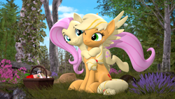Size: 3840x2160 | Tagged: safe, artist:owlpirate, character:applejack, character:fluttershy, species:earth pony, species:pegasus, species:pony, g4, 3d, apple, applejack's hat, clothing, cowboy hat, cute, cutie mark, duo, duo female, eyebrows, eyelashes, female, females only, food, freckles, grass, hat, hug, jackabetes, mare, nuzzling, one eye closed, owlpirate is trying to murder us, picnic, picnic basket, ponytail, shyabetes, smiling, source filmmaker, spread wings, stetson, tail, tree, wings